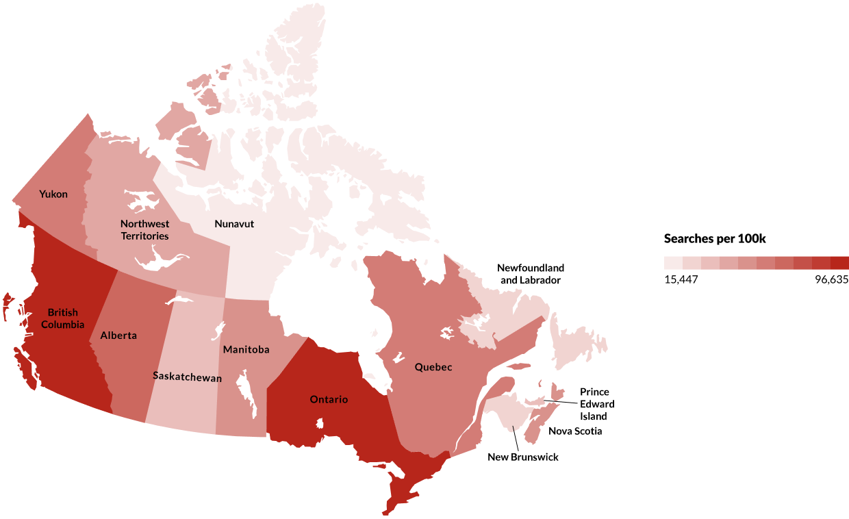 Map of Canada showing regional differences in flight searches per 100,000 of population.